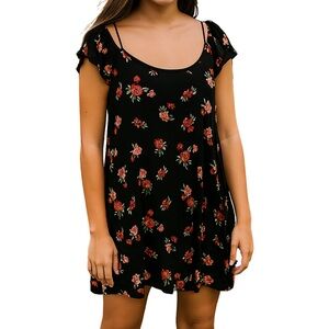 Arizona Jean Co Floral Black Short Sleeve Spring Bohemian Festival Mini Dress